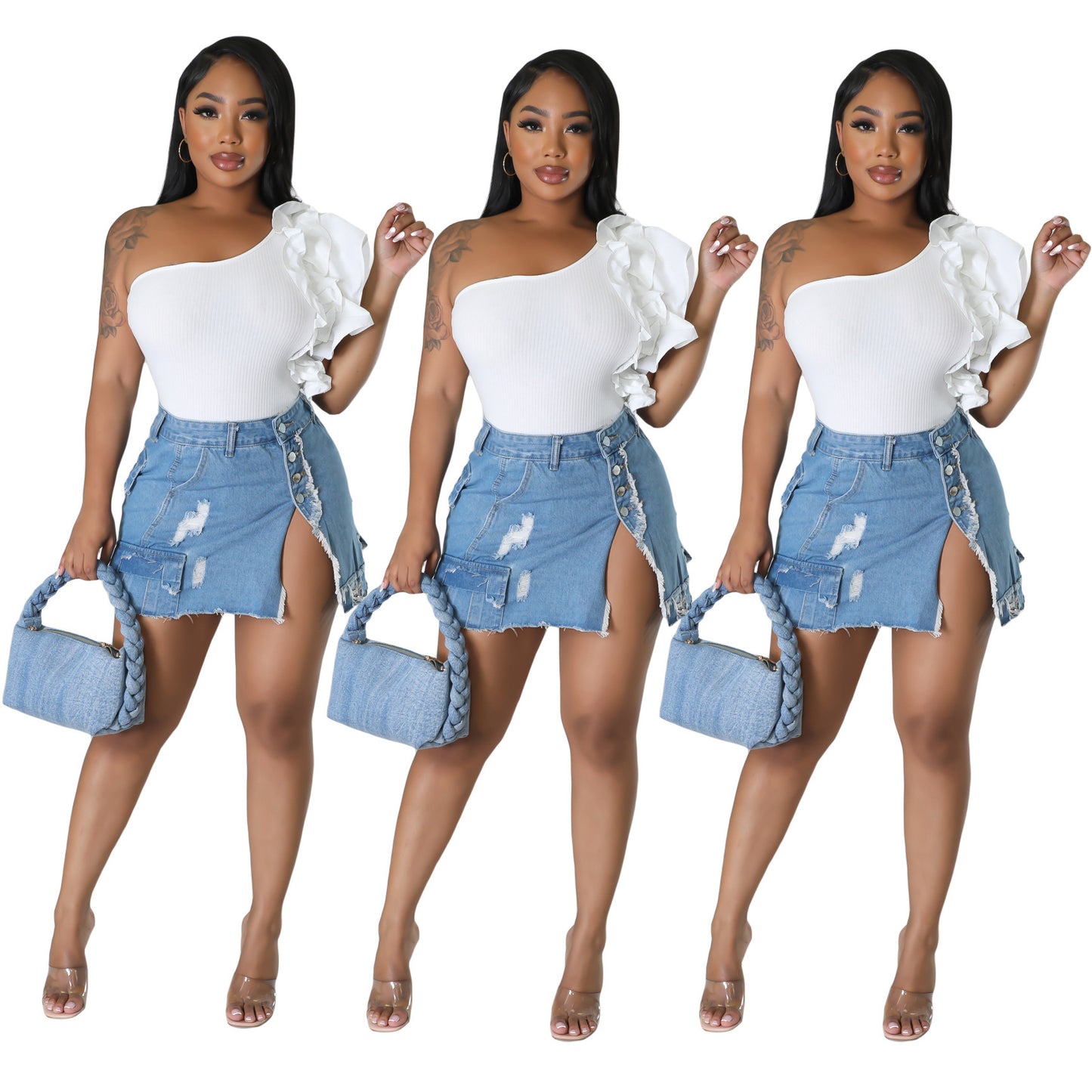 Denim Button Cargo Pocketed Ripped Women's Mini High Slit Jean Skirt