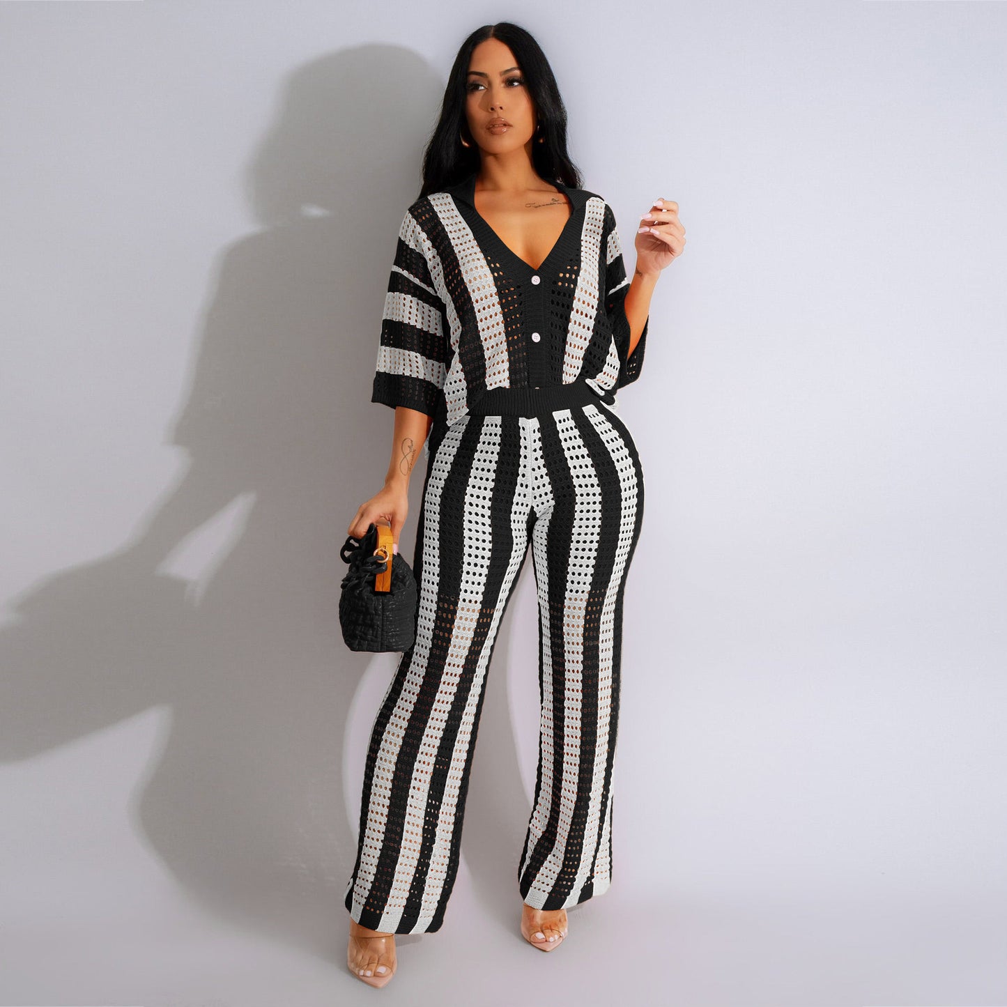 Crochet Striped Colorblock Hollow-Out Knitted Turn-Down Collar  Blouse + Pants 2-Piece Set