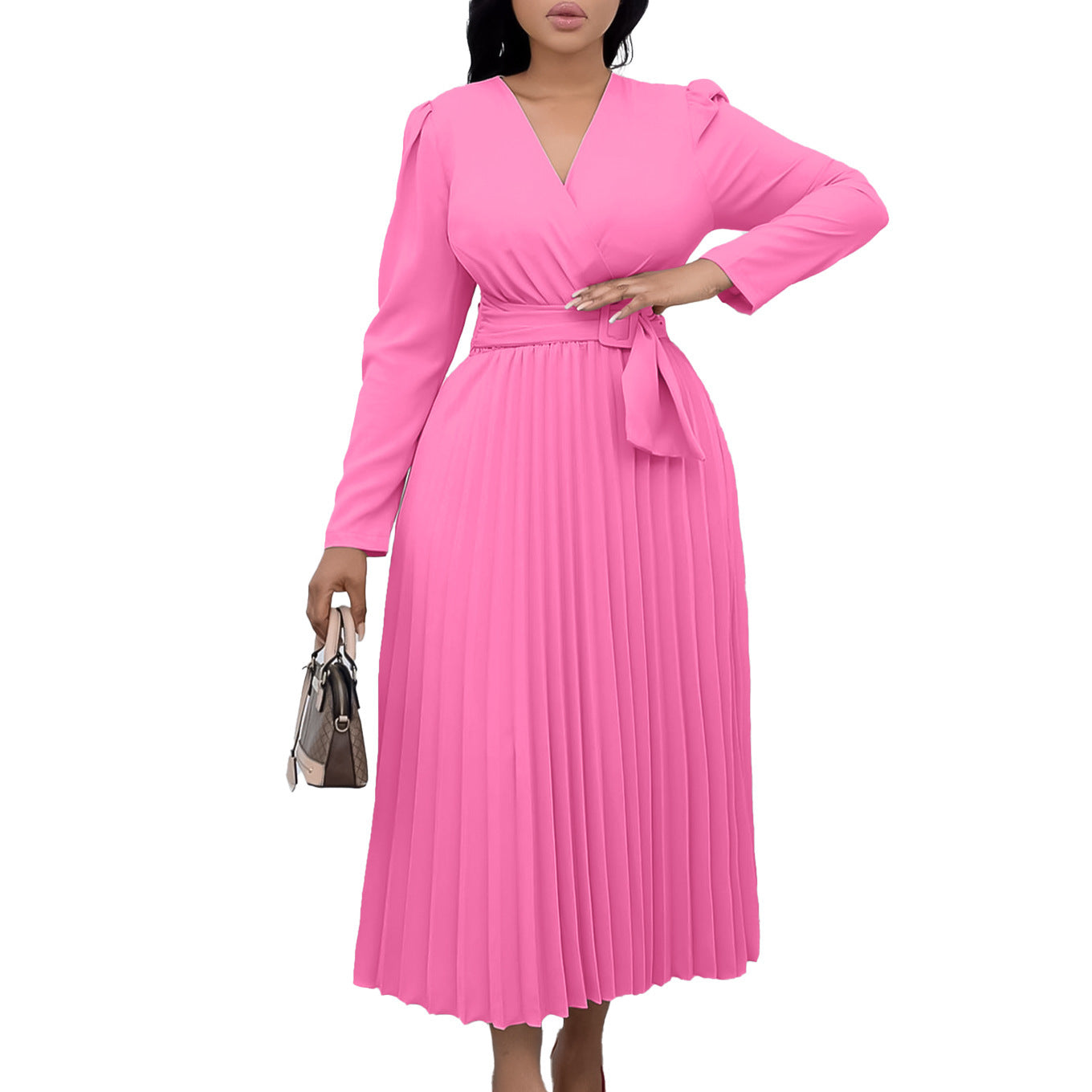 Pleated V-Neck Long Sleeve Lace-Up Solid Color Sash Belted Maxi Dress to 3X Plus Size