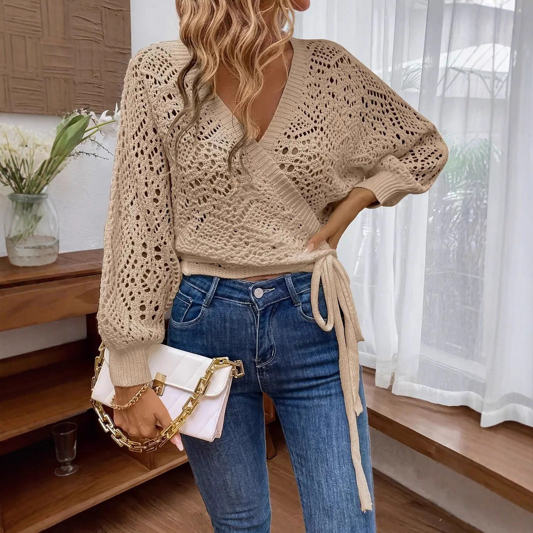 Knitted Solid Color V-Neck Wrapped Lace-Up Lantern Sleeve Women's Sweater