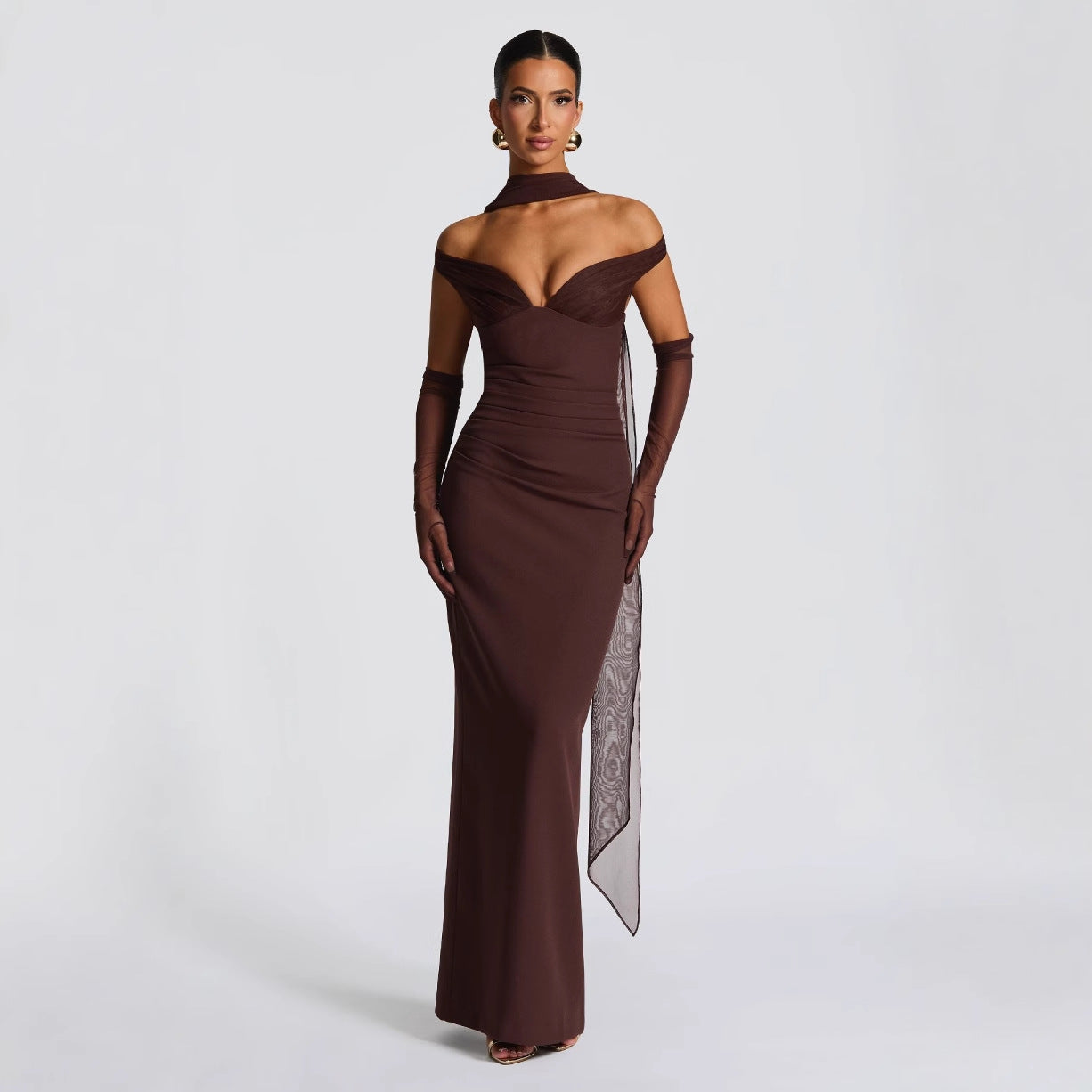 Off-the-Shoulder Solid Color Formal Evening Dress w/ Hanging Sash