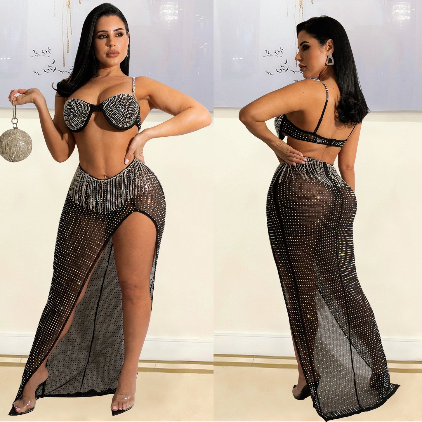 Metallic Silver/Black Mesh Rhinestone Bra + Tassel Fringe High Side Slit Maxi Skirt 2-Piece Set