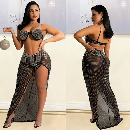 Metallic Silver/Black Mesh Rhinestone Bra + Tassel Fringe High Side Slit Maxi Skirt 2-Piece Set