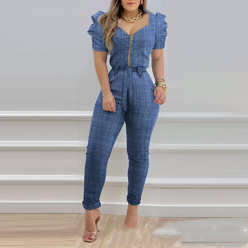 Blue Plaid Pattern Short Puff Sleeve Zipper Front Lace-Up Women's Jumpsuit