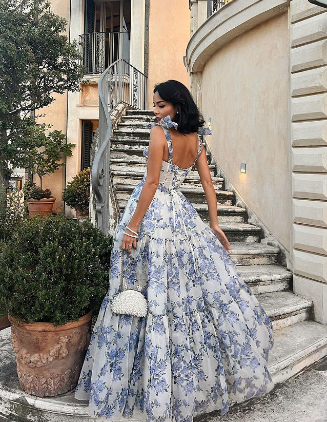 Floral White/Blue Off-the-Shoulder Bowknot Strap Lace-Up Big Swing Organza Maxi Formal Party Dress