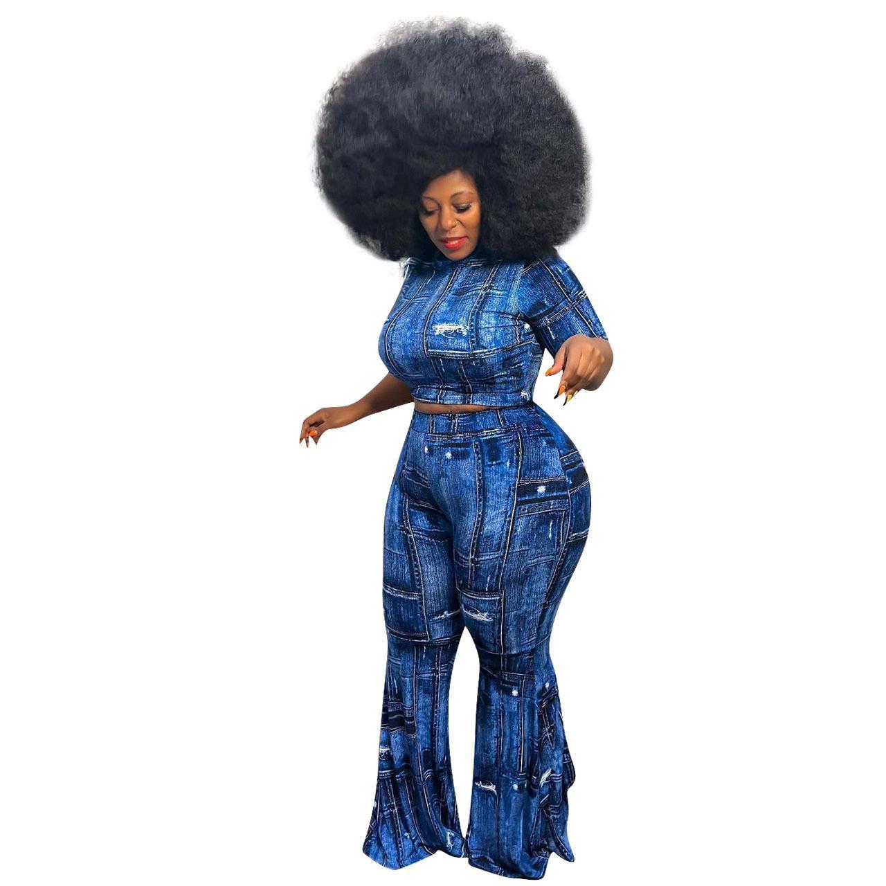 Faux Denim Geometric  Colorblock Print Women's Short Sleeve Crop Top + Skin Tight Leggings 2-Piece Set to 4X Plus Size