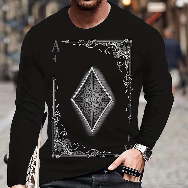 Men's Hip-Hop 3D Striped/Solid Playing Card Letter Digital Print Long Sleeve T-Shirt