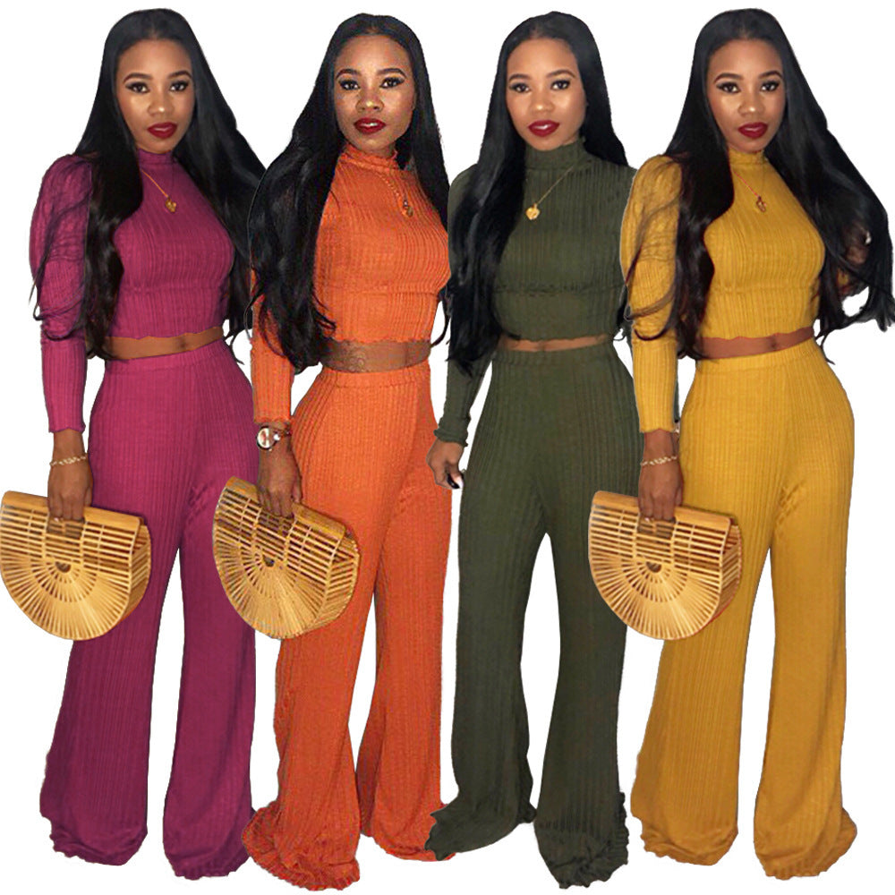 Ribbed Turtleneck Long Sleeve O-Neck Women's Long Sleeve Crop Top + Wide Leg Leggings 2-Piece Set