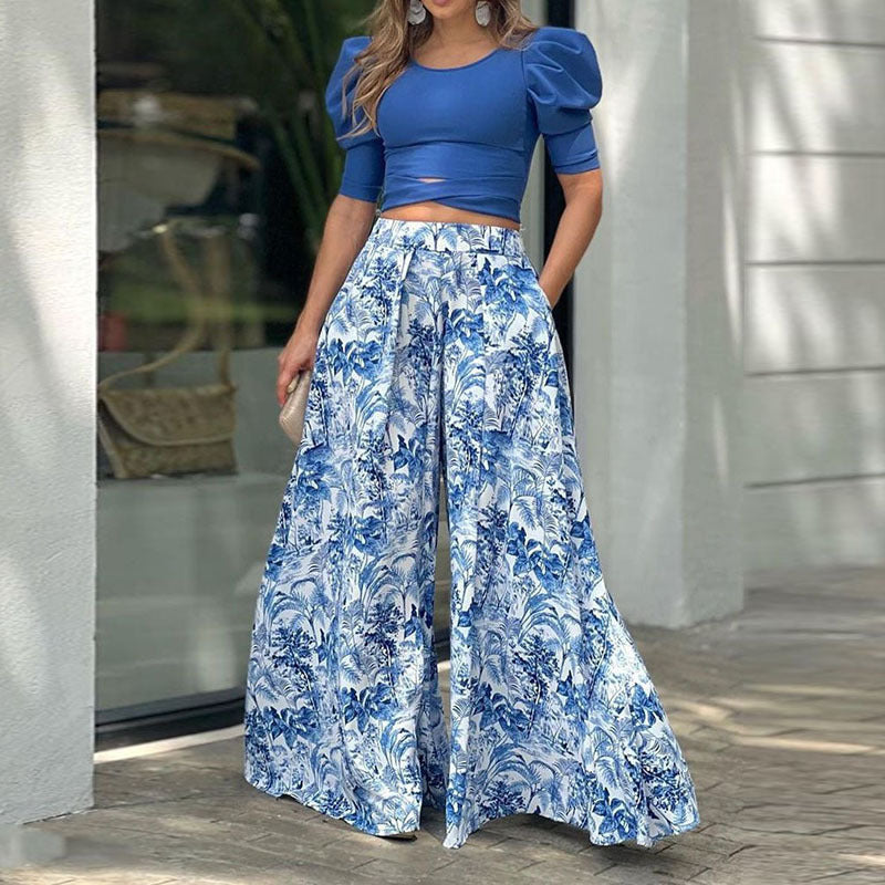 Puff Sleeve Cross Hem Solid Color Top  + Floral Print Wide Leg Pants Women's 2-Piece Sets to 3X Plus Size