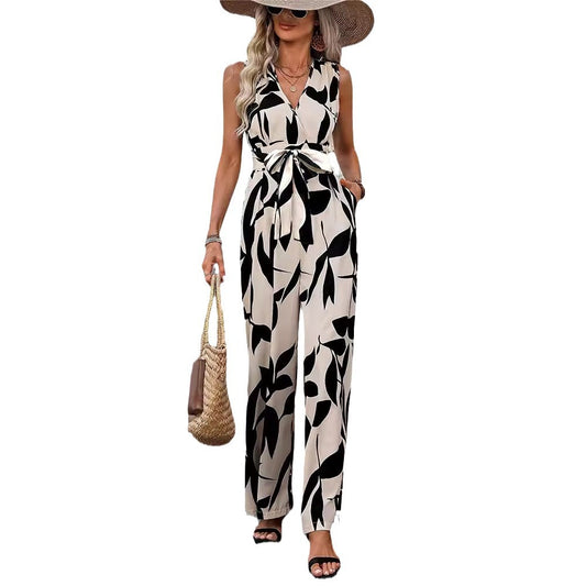 Sleeveless Colorblock Floral Leaf/Geometric Print V-Neck High Waist Lace-Up Women's Wide Leg Jumpsuit