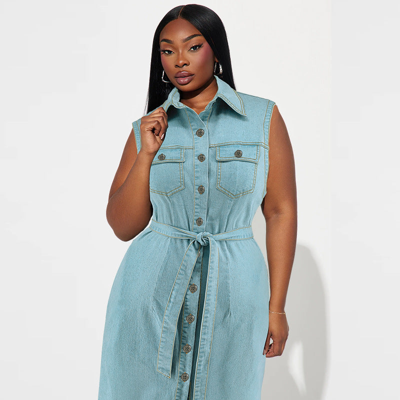 Denim Sleeveless Light Blue Washed Turn-Down Collar Button-Up Sash Belt Maxi Jean Dress to 5X Plus Size