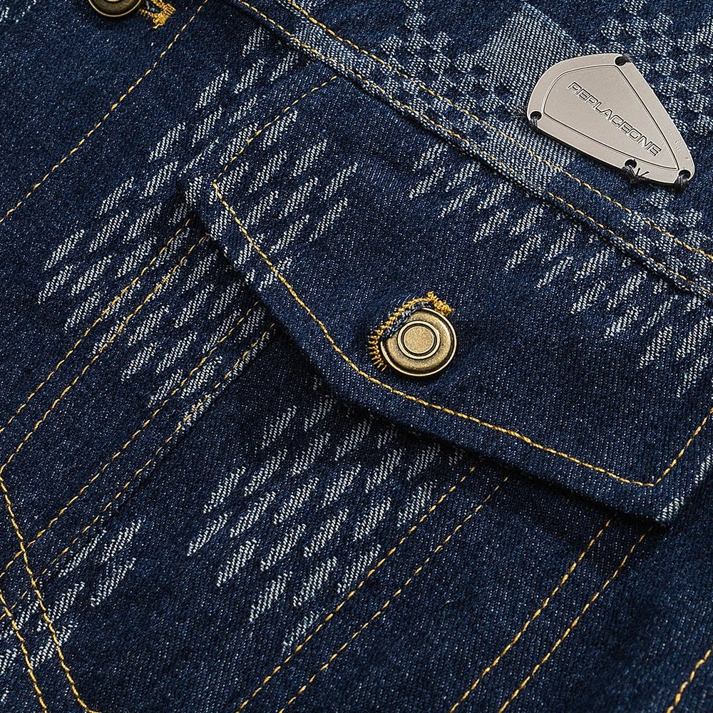 Men's Denim Colorblock Checker Plaid Print Jean Jacket