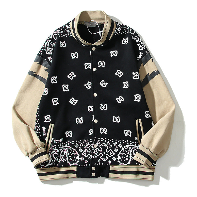 Men's Paisley Colorblock Hip-Hop Cashew Lightning Sleeve Raglan Baseball Bomber Jacket