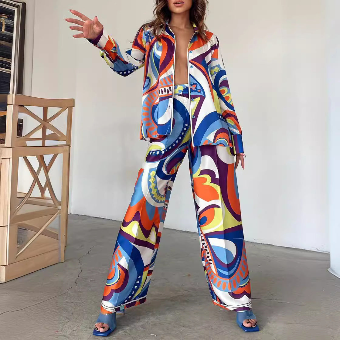 Geometric Multi-Colored Print Women's Turn-Down Collar Long Sleeve Blouse + Straight Leg Pants 2-Piece Set