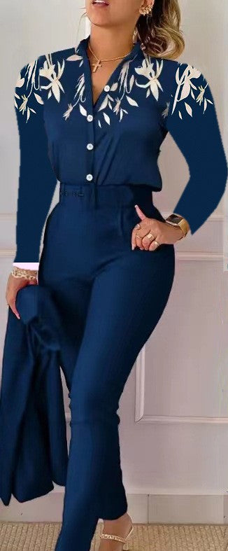 Floral/Geometric/Baroque/Colorblock Gradient Print Long Sleeve Blouse + Solid Color Pants w/ Belt 2-Piece Office Attire Set