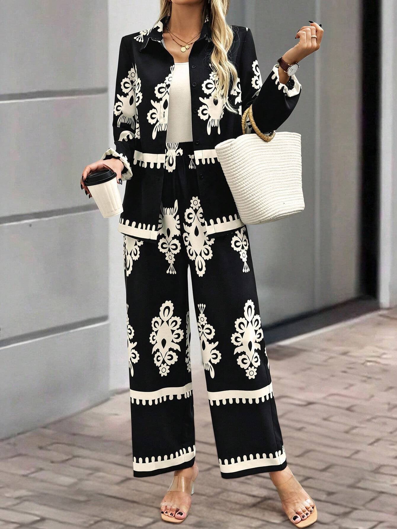 Baroque Embroidered Print Loose Blouse + Pants Women's 2-Piece Set