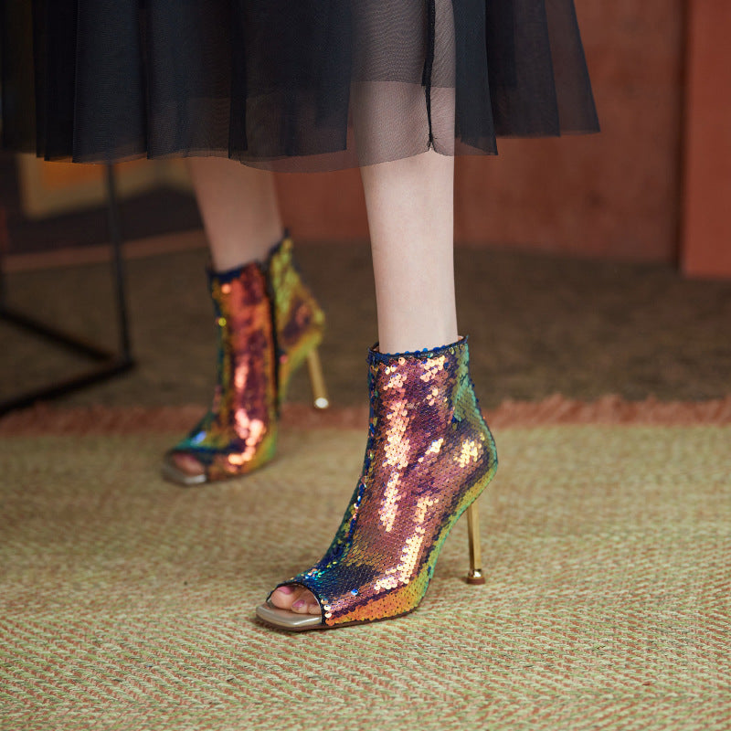 Sequined Metallic FishMouth Zipper Gold Metal Stiletto Heel Women's Ankle Boots