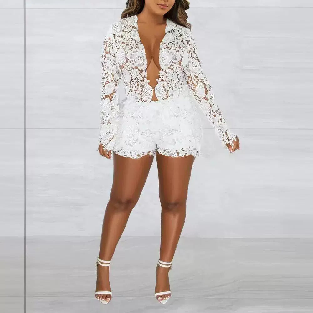 White Lace Transparent Hollow-Out Open Long Sleeve + Shorts Women's Formal 2-Piece Set