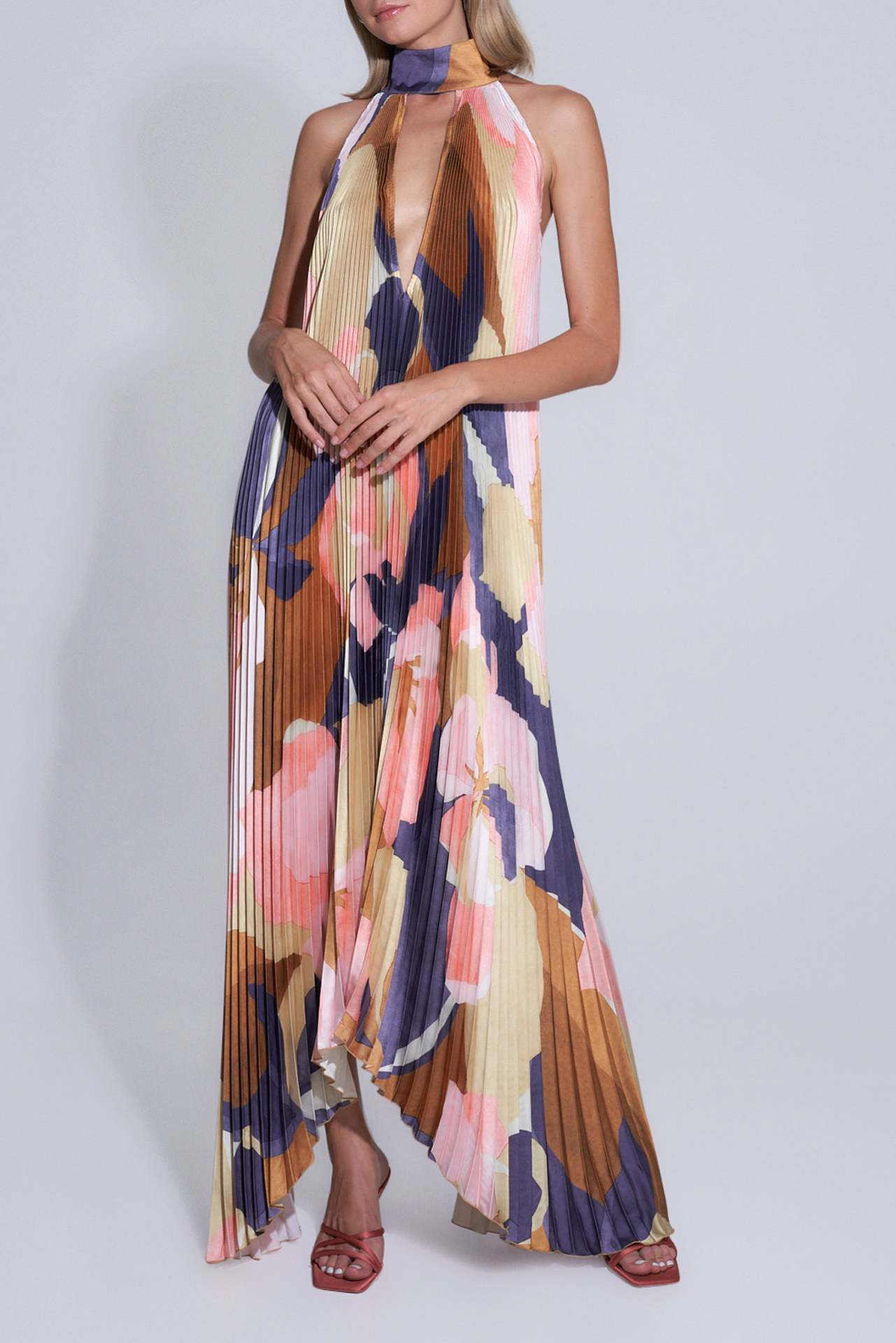 Floral Print Pleated Sleeveless Deep V-Neck Halter Backless Swing Maxi Dress
