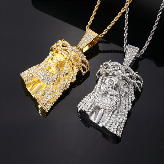 Jesus Piece Hip-Hop Iced Cubic Zirconia Gold Plated Pendant Micro Inlaid Rope Chain Necklace