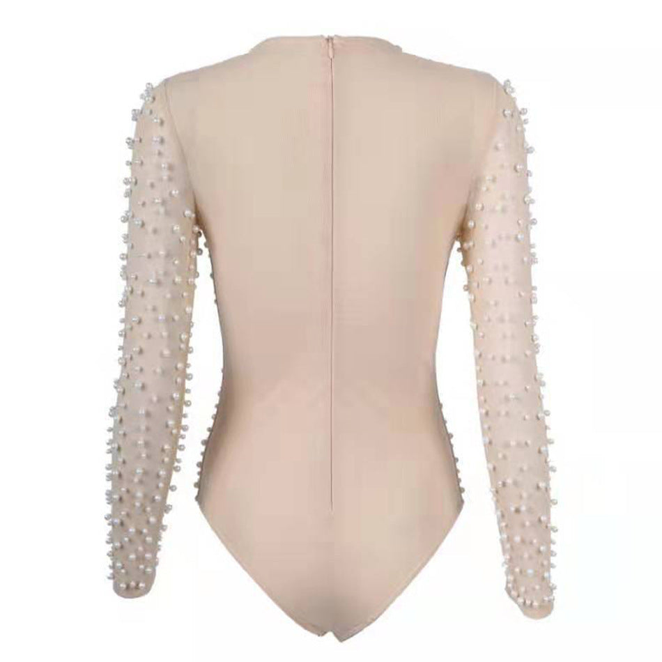 Pearl Beaded Mesh Sheer Designer V-Neck Long Sleeve Women's Bodysuit