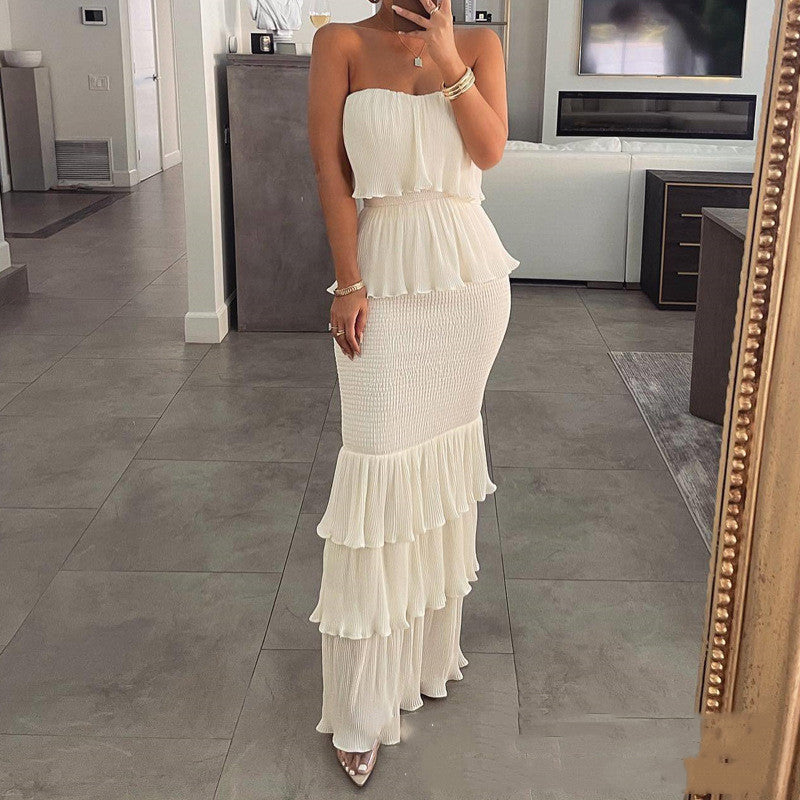 Tiered Sleeveless  Smocked Pleated Ruffled Maxi Tube Top Dress