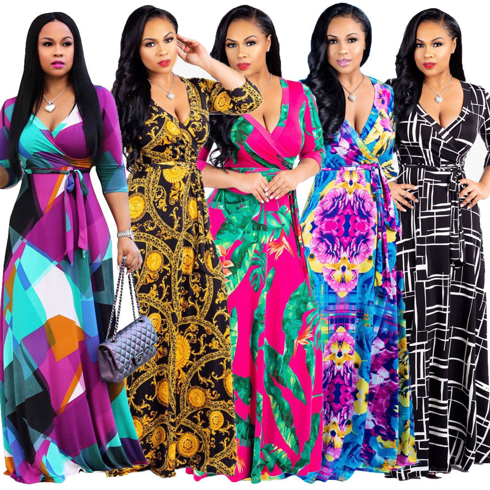 Tropical/Floral/Colorblock/Baroque Print V-Neck Long Sleeve Maxi Dress to 5X Plus Size