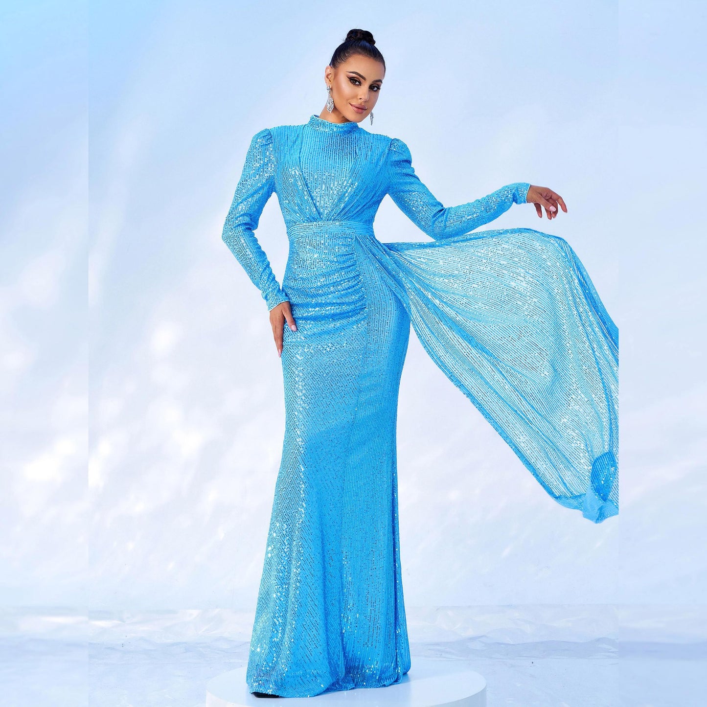 Glitter Sparkling Sequin Design Ruched Pleat3d Long Sleeve O-Neck Formal Floor-Length Dress
