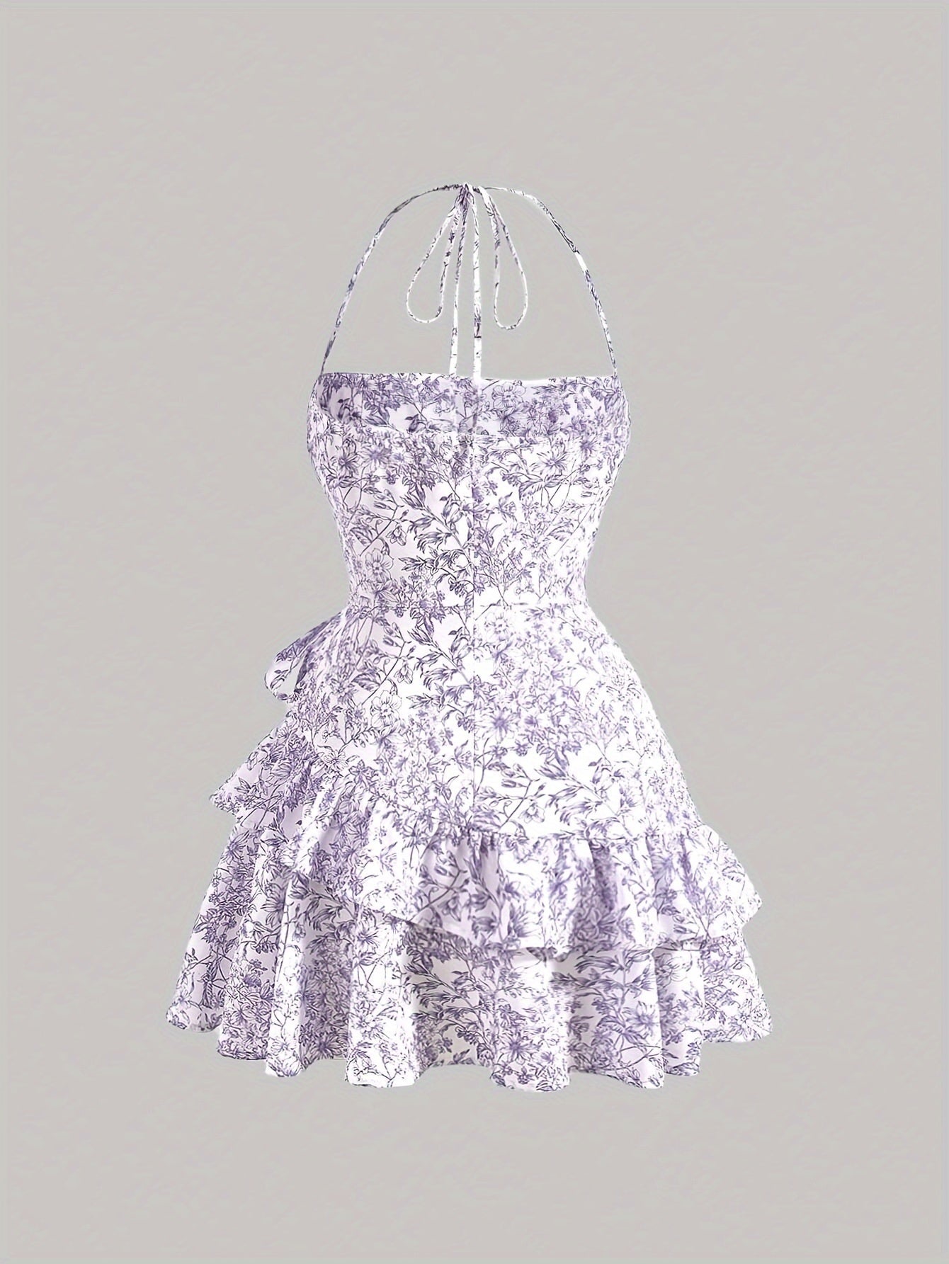 Floral Print Layered Ruffled Hem Halter Sleeveless Mini Dress