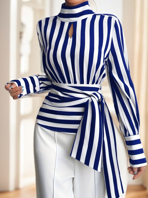 Striped Long Sleeve Tied Sash Women's Shirt