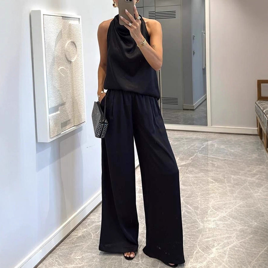 Satin Draped Women's Solid Color Sleeveless Vest + Pants 2-Piece Set
