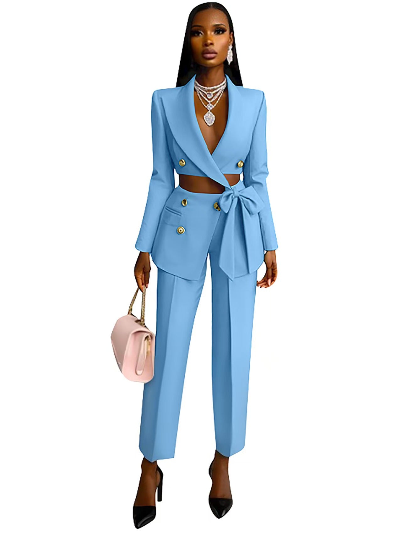 Cropped Hollow-Out Design Women's Sash Belted Blazer Jacket + Irregular Pants Suit