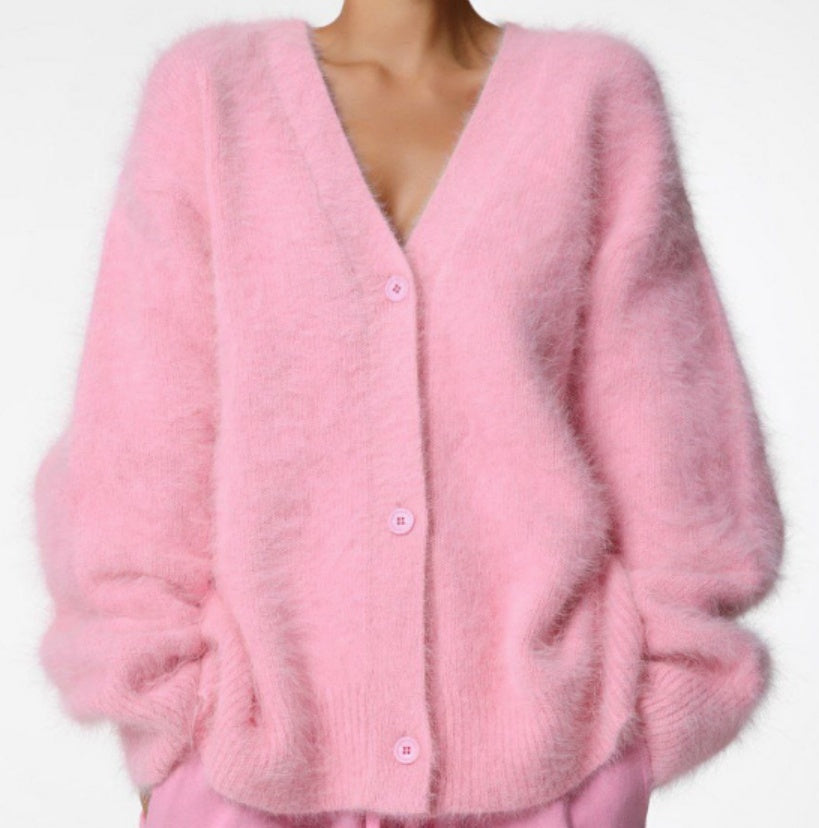 Fuzzy Soft Button Front V-Neck Button Single Breasted Knitted Women's Cardigan Sweater