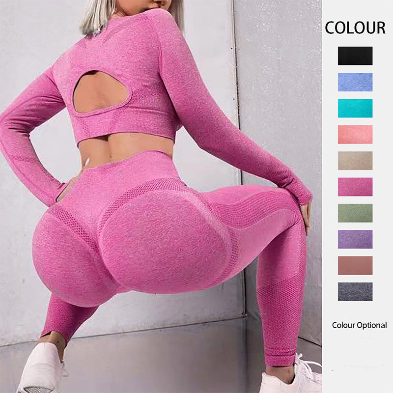 Solid Color Long Sleeve Hollow-Out Fitness Top + Butt Lifting High Waist Seamless Gym Workout Leggings Tracksuit