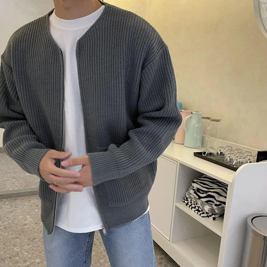 Men's Knitted Lined Funnel Neck Pocketed Zipper Cardigan Sweater Jacket