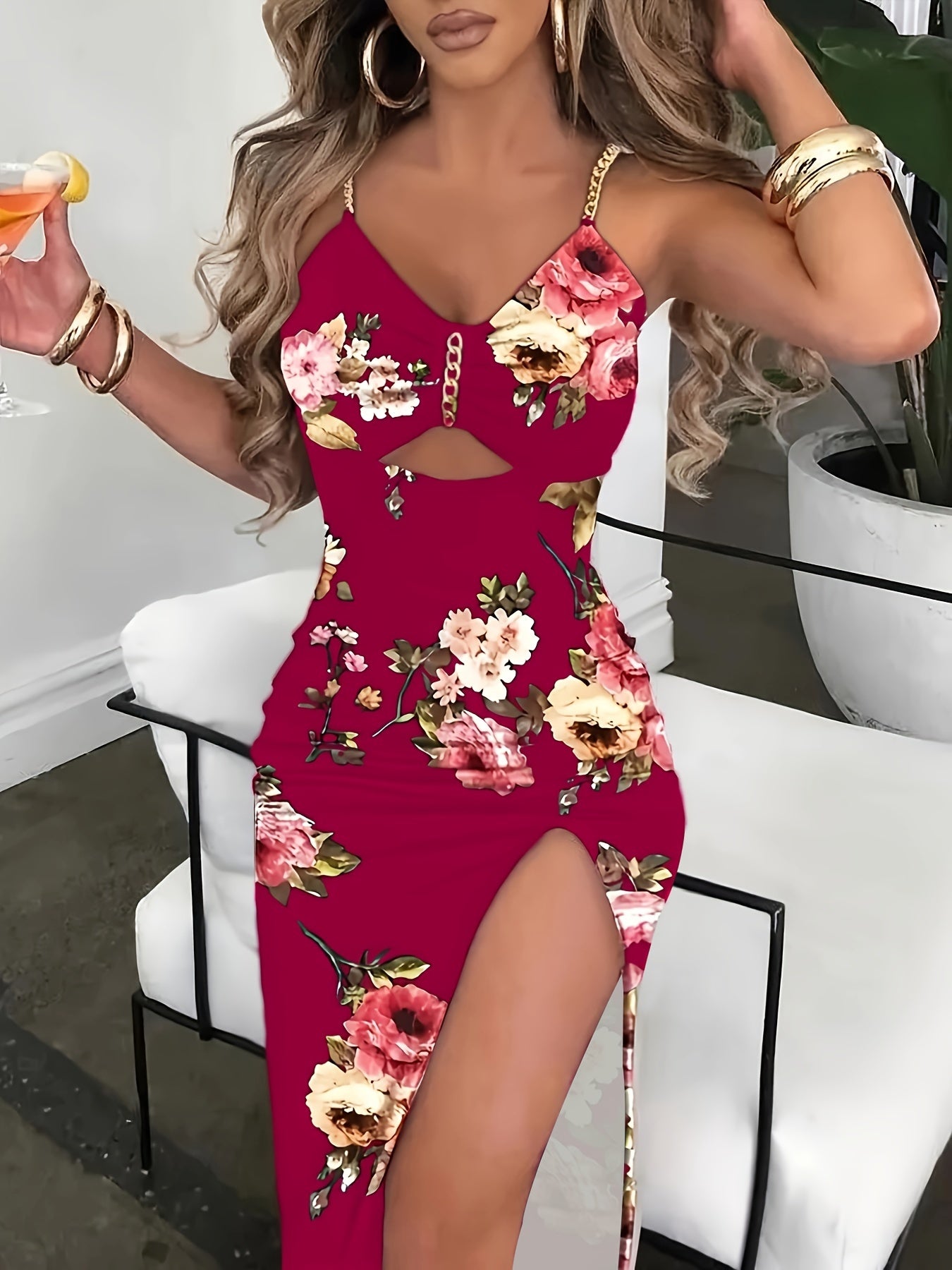 Flower Print Gold Chain Spaghetti Strap Sexy Cut-Out Sleeveless Bodycon High Slit Maxi Dress