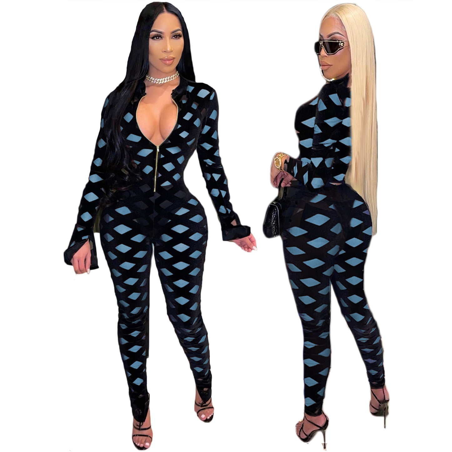 Mesh Sheer CrissCross Colorblock Pattern Women's Long Sleeve Deep V-Neck Skinny Women's Zipper Jumpsuit