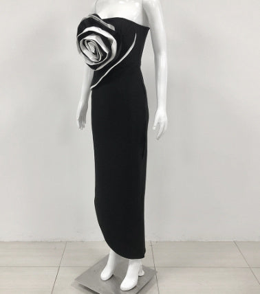 Sleeveless Big Flower Detail Tube Top Bandage Formal Maxi Tube Dress