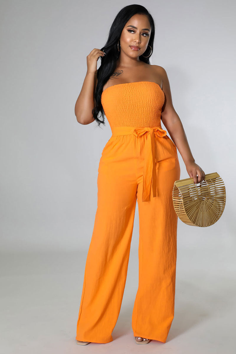 Sleeveless Waffle Pattern Lace-Up Solid Color Women's Tube Top Jumpsuit