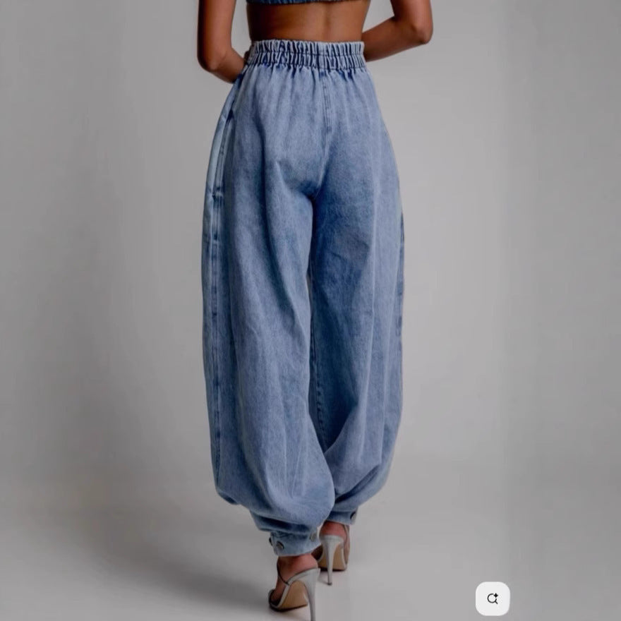 Denim Baggy High Waist Ankle-Length Women's Zipper Harem Jeans to 3X Plus Size