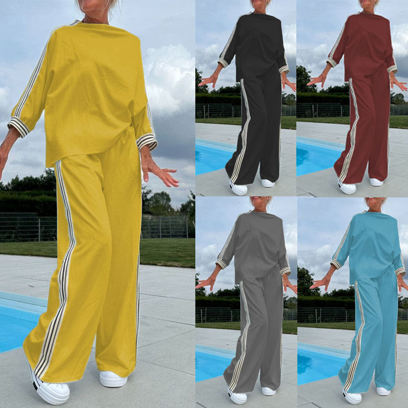 Side Striped Oversized Loose Long Sleeve Sports Shirt + Baggy Sweatpants 2-Piece Set to 3X Plus Size