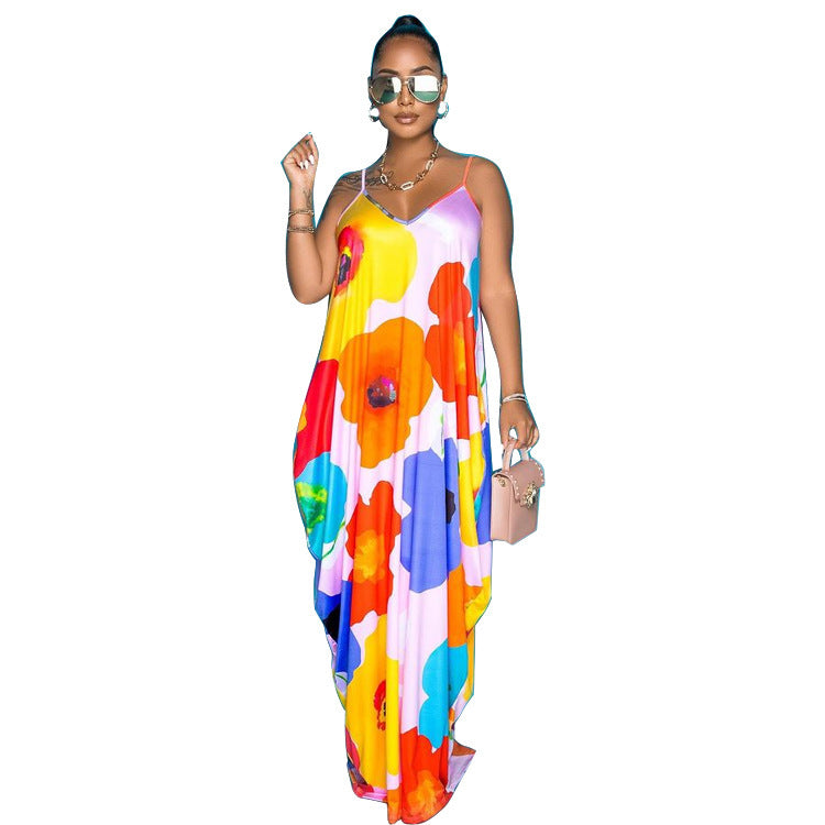 Pastel Big Flower Print Pocketed Loose Spaghetti Strap Harem Maxi Dress