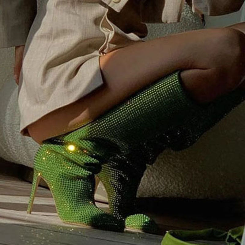 Sparkling Cashmere Rhinestone Pointed Toe Solid Color Women's Stiletto Heel Knee-High Boots