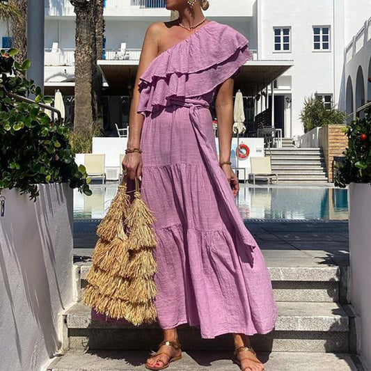 Ruffled Tiered Layered Solid Color Asymmetrical One Shoulder Cotton Linen Sash Belted Maxi Dress