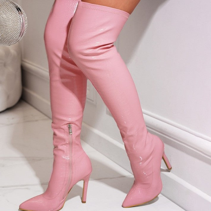 Skinny Pointed Toe Stiletto Heel Streetwear Stretch Women's Over-the-knee Solid Color Boots