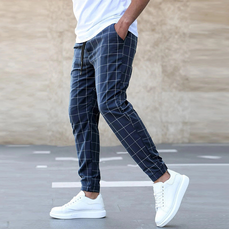 Men's Plaid Print Casual Drawstring Trouser Pants