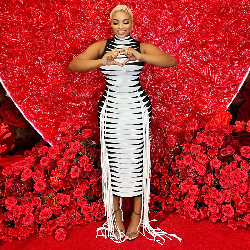 Striped Black/White Colorblock Hanging Tassel Fringe Design Sleeveless Maxi Dress