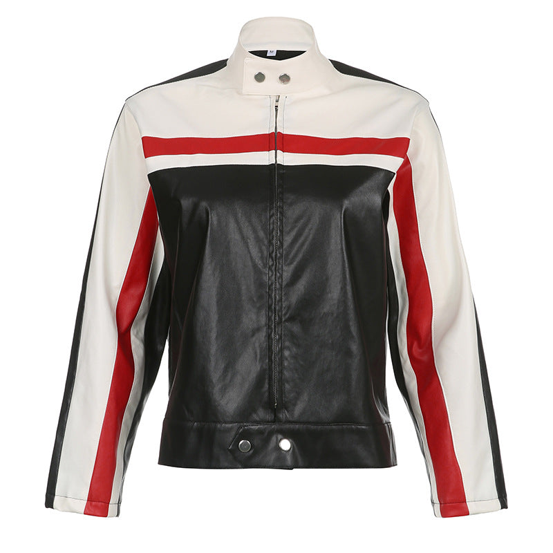 PU Leather Colorblock Striped Women's Patchwork Motorcycle Biker Jacket