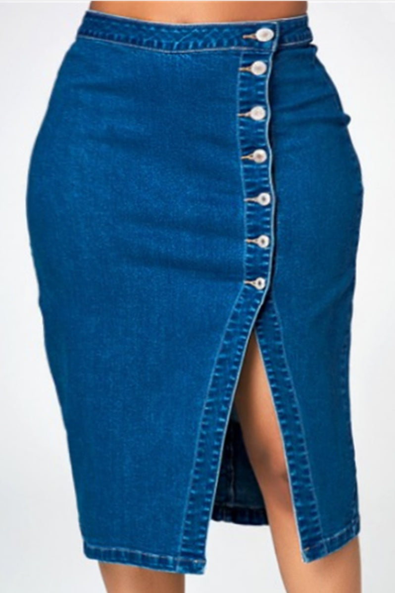 Blue Denim Button-Up Design High Slit Midi Jean Skirt to 4X Plus Size