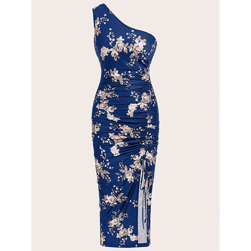Ruched Floral Print One Shoulder Bodycon High Slit Maxi Dress